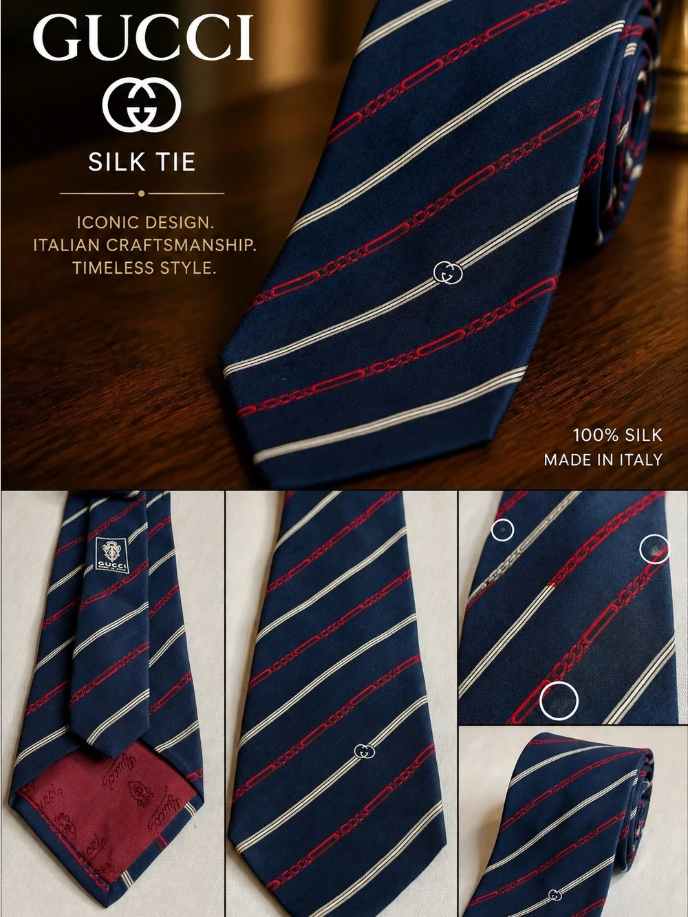 Gucci Navy Silk Tie with Red and Cream Stripes